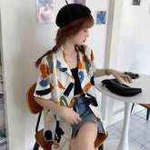 Geometrisches Retro-Kurzarm-Bluse-Shirt mit Einsätzen